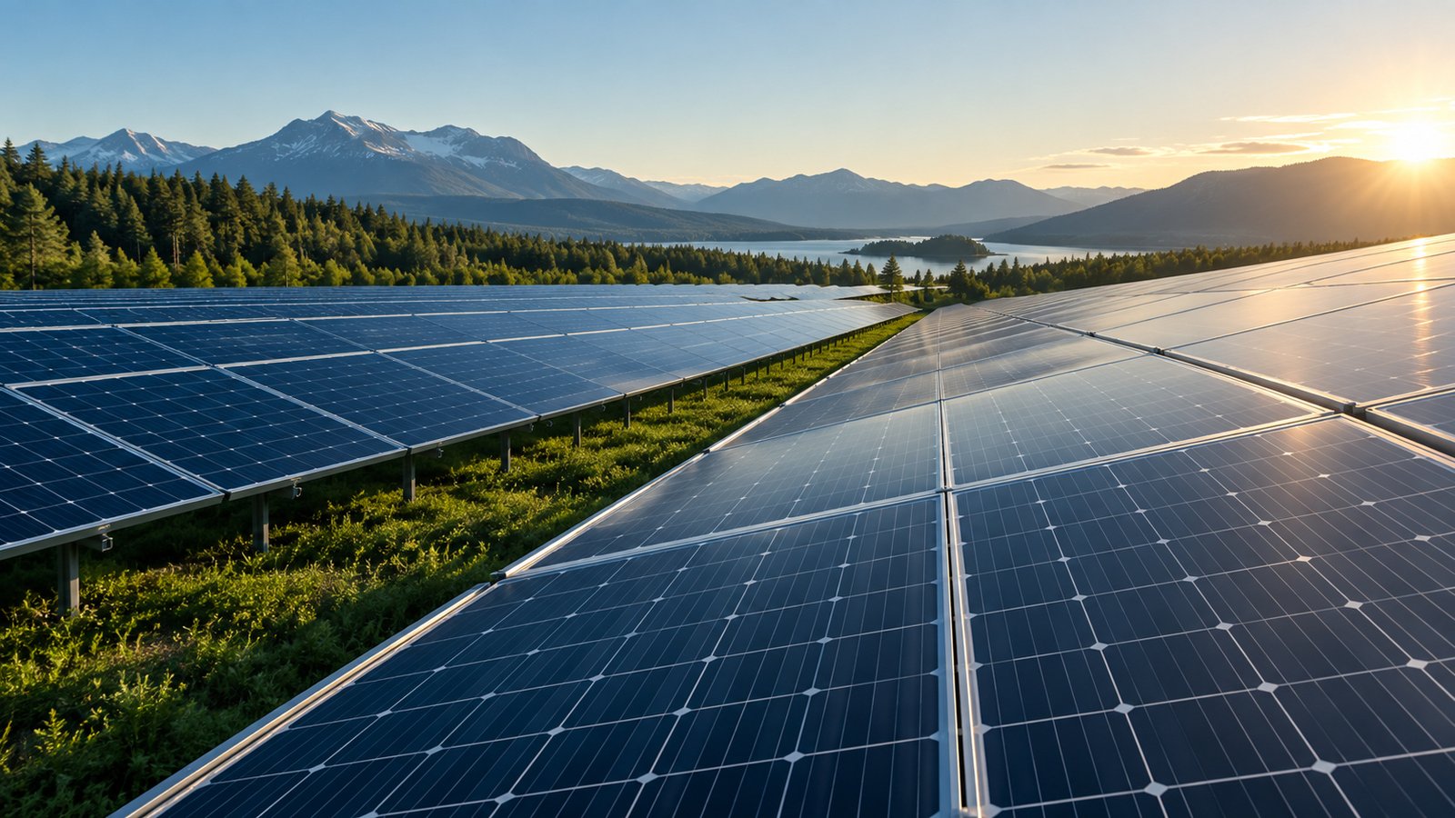 Solar panels catching the warm evening sunlight